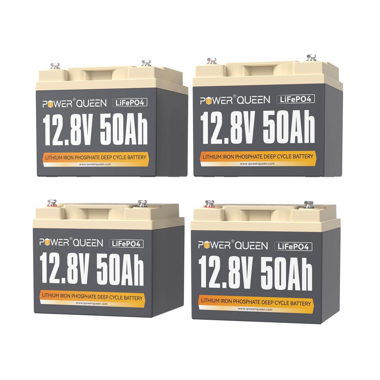 Power Queen Batterie 12V 50Ah LiFePO4(Pack de 4), Rechargeable Batterie avec 50A Protection BMS et 4000-15000 Cycles Profonds, sans Entretien Parfait pour Camping-Car, Système Solaire, E-Scootern