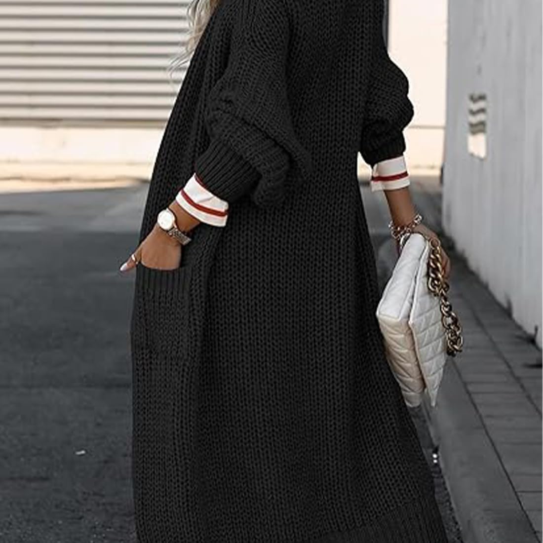 Women's Knitted Long Cardigan, Large Front-Opening Chunky Sweater Jacket with Pockets, Autumn and Winter Jacket