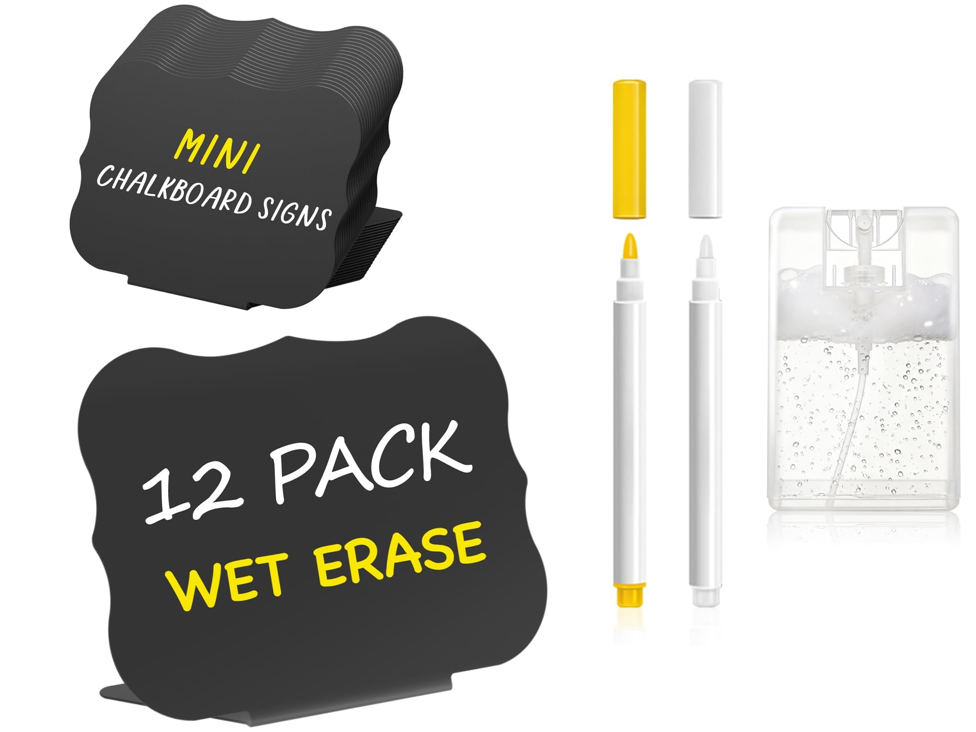 PigPotParty 12 Pcs Food Labels for Party Buffet w/Cleaning Spray, 4"x3" Mini Chalkboard Signs Include 2 Liquid Chalk Markers for Food Display - Food Tags- Table Palce Card (Waved Shape)