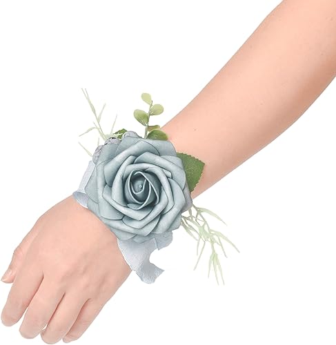 Miniatura 7 de Juego de 6 ramilletes de rosas polvorientas para boda, fiesta de graduación, pulseras de ramillete de flores artificiales, pulsera de ramillete de