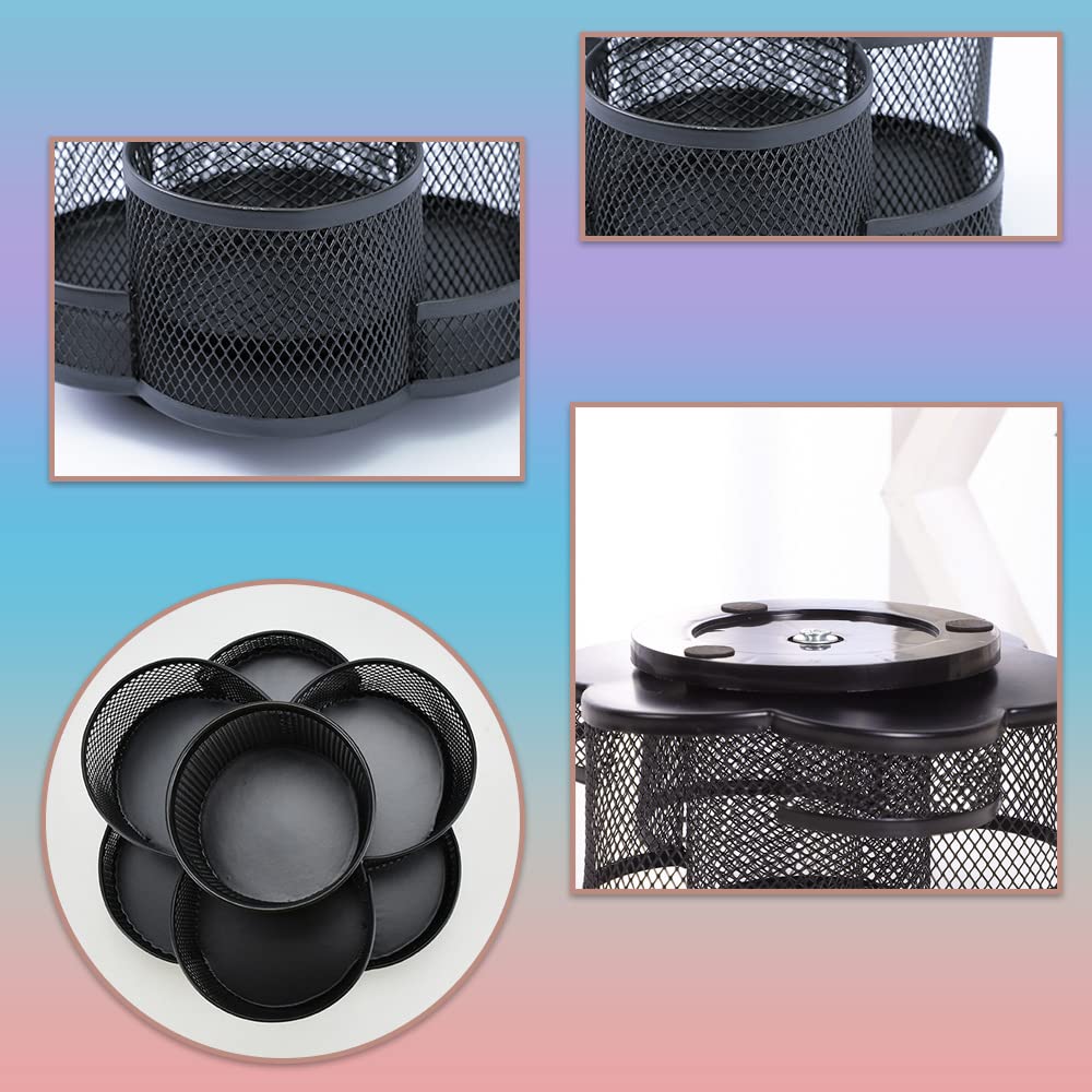 Girevole 360° Organizer Matite, Multifunzionale Portapenne, Portapenne Ufficio, Griglia Metallica, con 7 Scomparti, Tappetino Antiscivolo, per Riporre Oggetti in Ufficio, Toeletta (Nero)