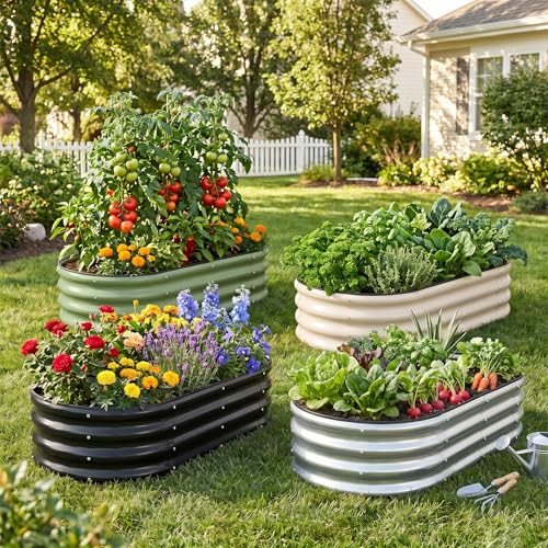 1MORE Verzinktes Hochbeet, Pflanzgefäß, Gartenkästen, Hochbeete für Gartenarbeit, 1,2 x 0,6 x 0,3 m, Metall-Gartenbeet, Set für Gemüse, Blumen, Pflanzgefäß, Hochbeete mit Werkzeug, Silber, 2 Stück