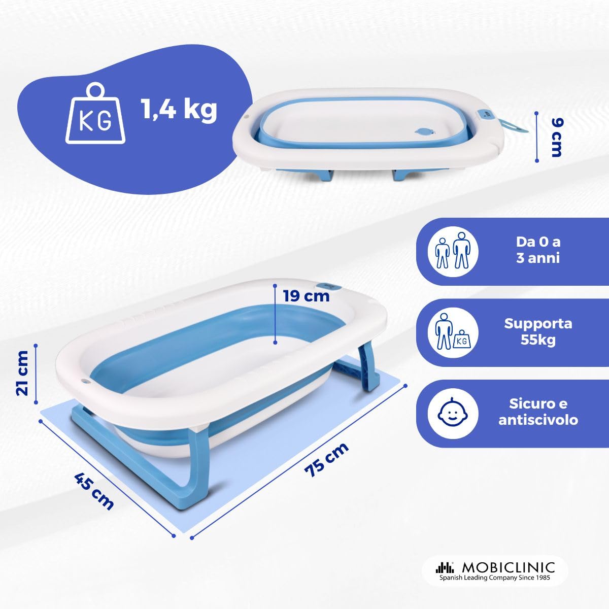 Mobiclinic® kids, Vaschetta bagnetto neonato, Pieghevole, Bubba, Design interno antiscivolo, Facile trasportare, Maniglia per appenderla, Include tubo di drenaggio, Piedini, Sicuro, Blu