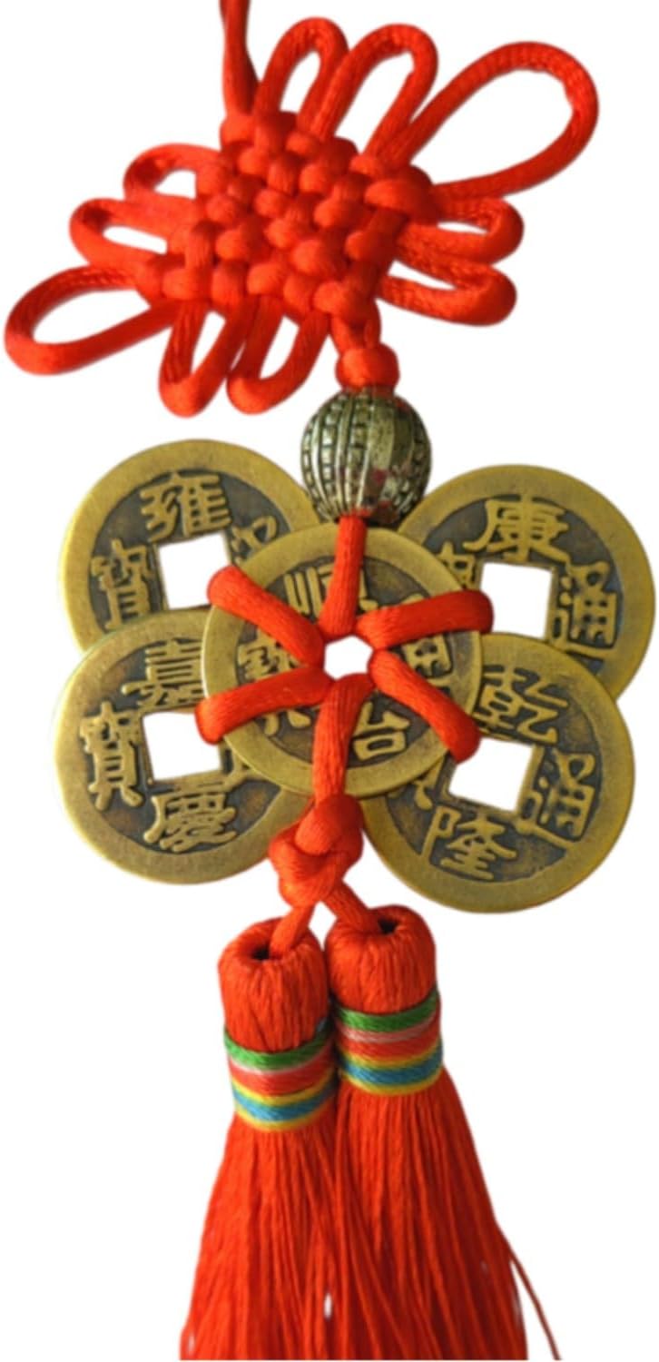 五帝钱 Feng Shui Good Amulet Feng Shui Good Luck Charms Furniture,Bag,Home,Office Other Scenes 精编六帝梅花钱化门对门路冲财位玄关门厅红色黄色 fengshui Chinese Tassel Ornaments-410