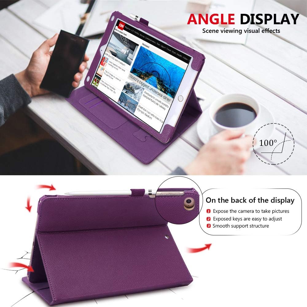 FYY Leather Case with Apple Pencil Holder for iPad Air 1/2, iPad 9.7 2017/2018 - Folio Stand Protective Case Smart Cover with Hand Strap Card Slots for Apple iPad Air 1/2 /iPad 9.7 2017/2018 Purple