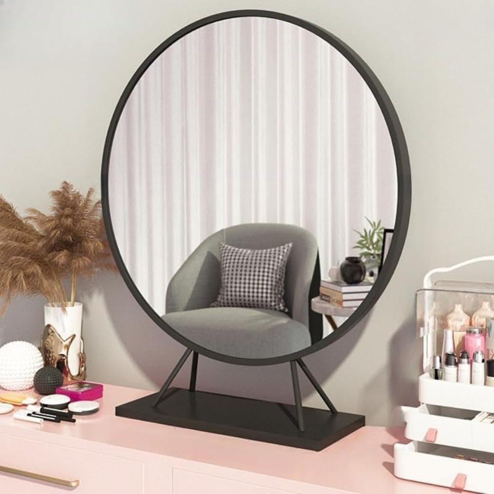 インスタ風ミニマル金属フレームテーブル化粧鏡 高清補光デスク鏡 寮生・学生用 SNS 撮影鏡 (ブラック,直径503)