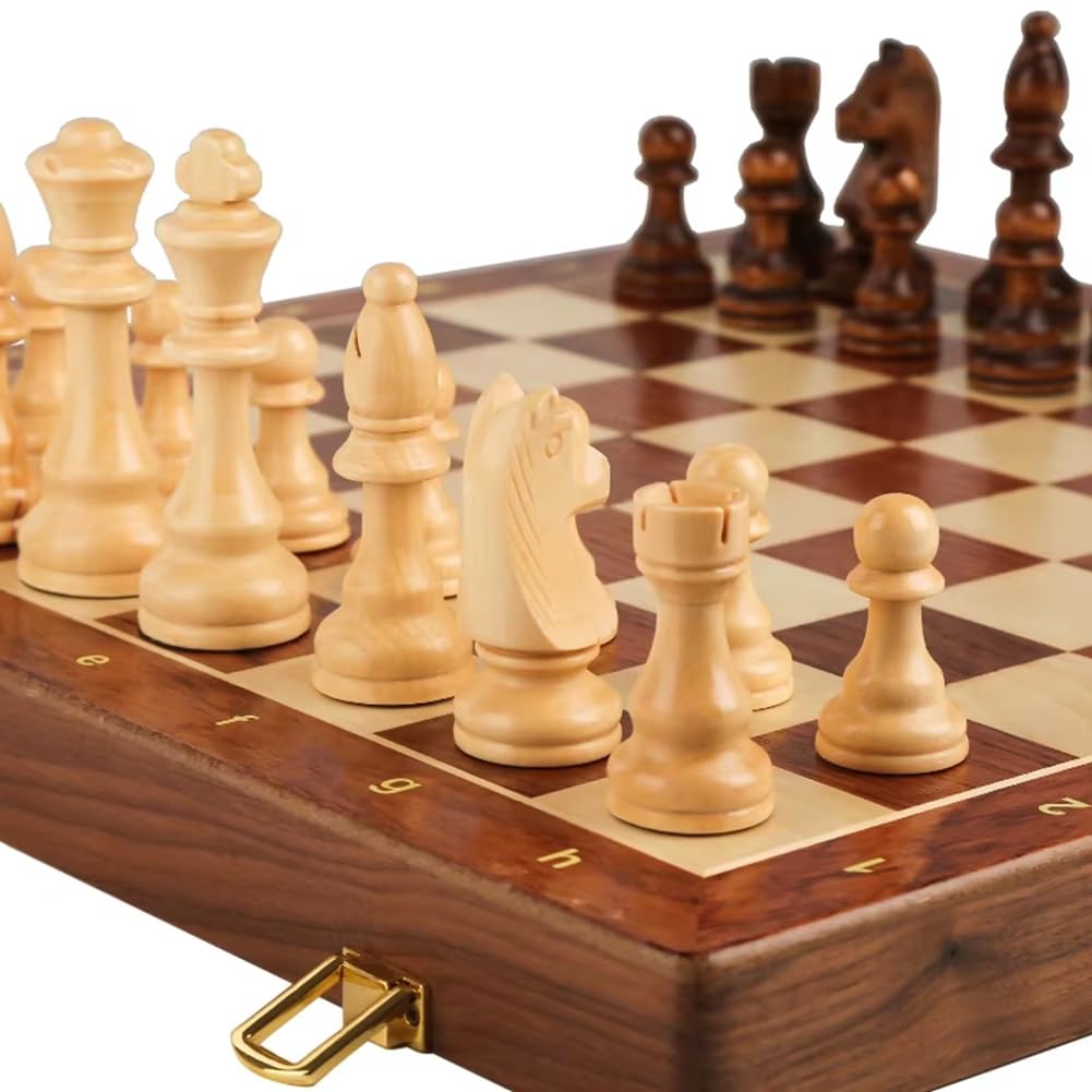 Juego de Ajedrez, Madera, Plegable, Grande, Tradicional, Clásico, Hecho A Mano, Piezas de Madera Maciza, Tablero de Ajedrez de Nogal, Regalo para Niños