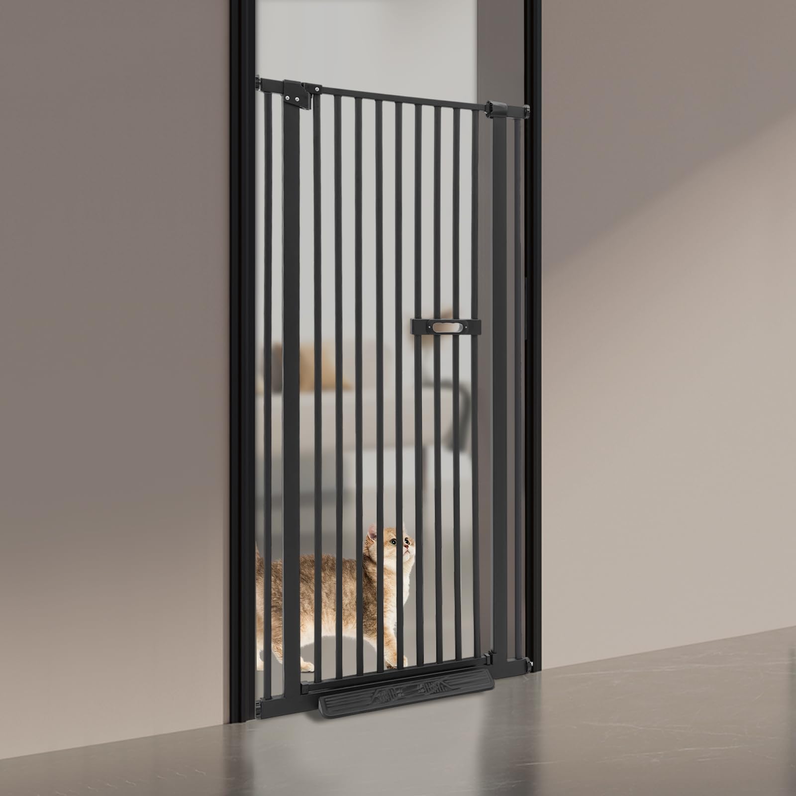 Puerta de protección extensible para mascotas y gatos, 150 cm, extraalta, para perros y niños, con doble cierre, para escaleras y puertas, 76-85 cm (negro)