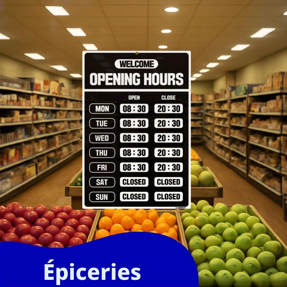 GEEKBEAR Panneau d'heures d'ouverture (Noir) - Panneau d'heure d'ouverture - Panneau d'heures de magasin - Panneaux d'heures d'ouverture pour les entreprises - Panneau ouvert avec heures