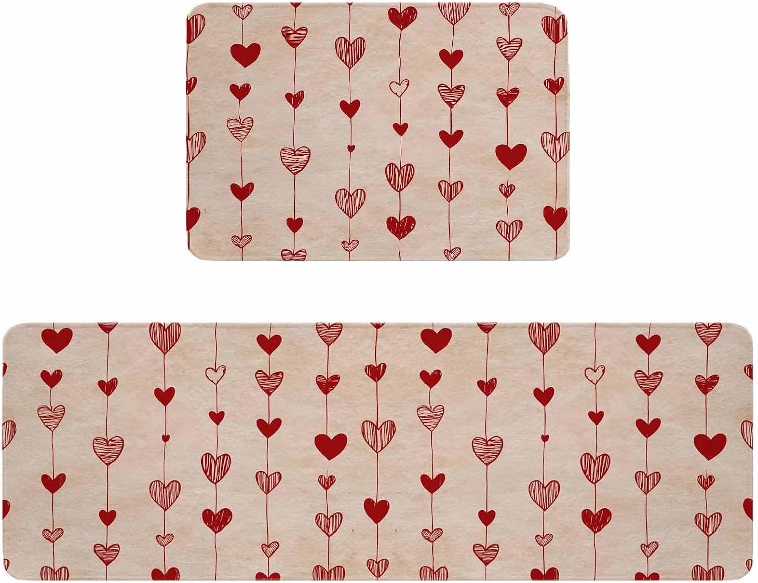 Happy Valentine's Day Kitchen Rugs and Mats Set of 2, Non-Slip Kitchen Sink Mat, Red Love Hearts Watercolor Washable Doormat Bathroom Rugs Runner for Bedroom/Living Room 17.7"x30"+17.7"x59"