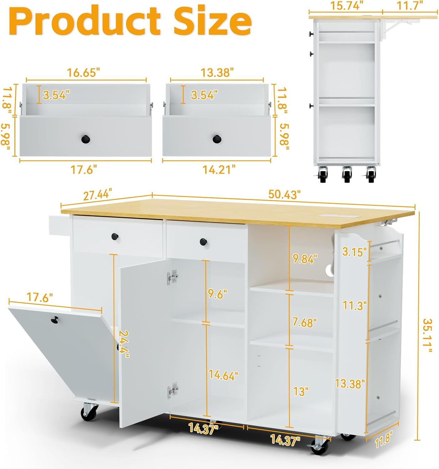 50.4" Kitchen Island with Storage，Rolling Kitchen Table with Power Outlet, Multifunctional Kitchen Island Cart with Folding Drop Leaf, Trash Storage Cabinet, Spice Rack, Towel Rack and Drawer (White)
