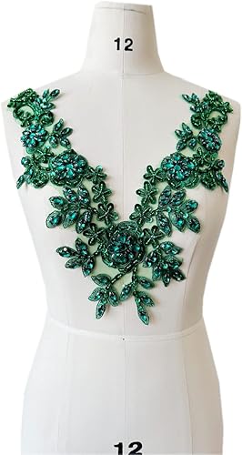Miniatura 2 de Piedras de imitación hechas a mano apliques de encaje cuentas de costura a mano Trim Parches Accesorios para vestido escote (verde profundo)