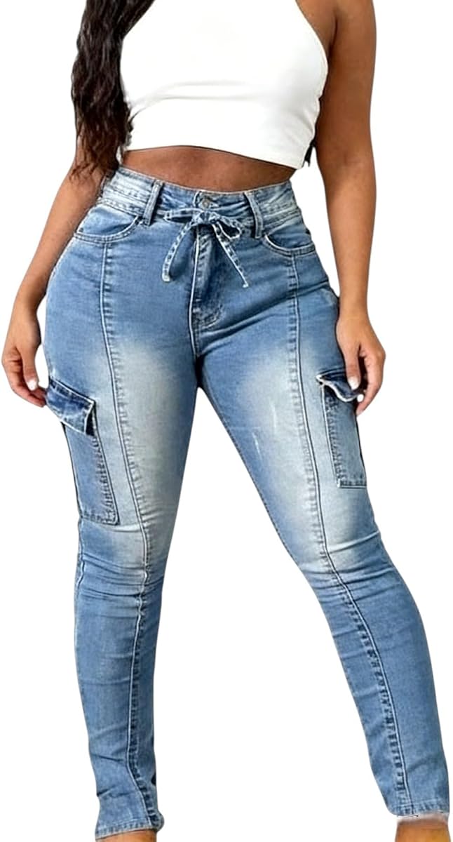 Pantalones cargo para mujer, pantalones vaqueros ajustados elásticos de talle alto