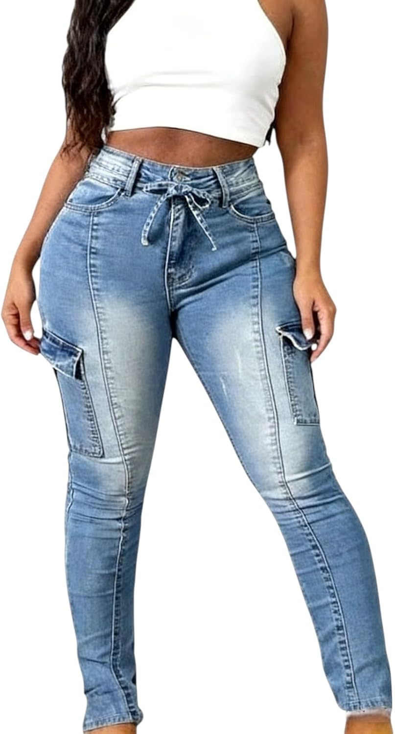 Skinny Cargo Pants Women High Waisted Jeans Stretch Fashion Casual Butt Lifting with A Bow