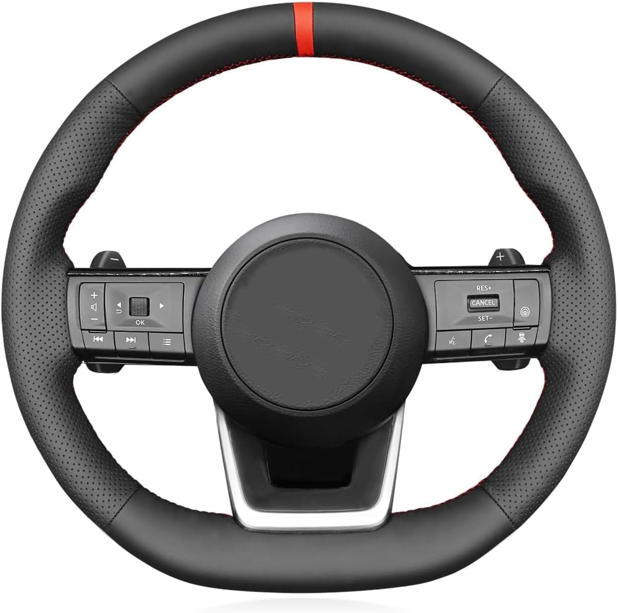 Carbon Fiber Black Genuine Leather Steering Wheel Cover for Nissan Rogue 2021 2022 2023 2024 / Pathfinder SUV 2022 Accessories 15 Inches Custom Fit OEM DIY Hand Stitching Interior Parts