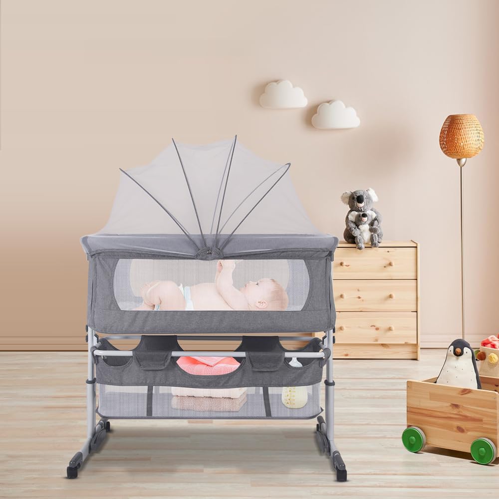 HUOLE 3 en 1 Lit bébé jusqu'à 25 kg Cododo,Berceau Bebe à roulettes Pliable, Hauteur Réglable 5 Niveaux, Paroi LatéRale Amovible, pour Enfants, 92 * 58 * 70-90cm (Blanc cassé)