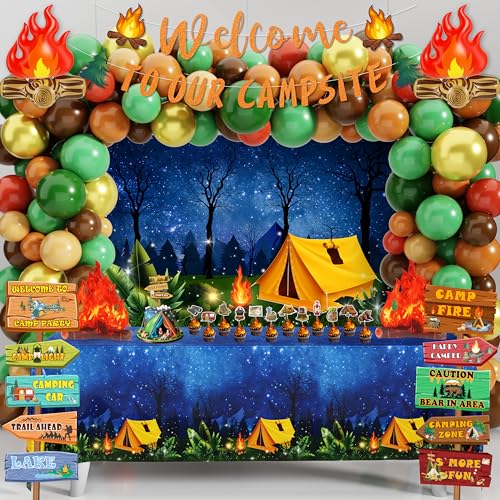 105 PCS Camping Birthday Party Decorations Kit with 3D Campfire & Forest Backdrop - Reusable Camp Theme Decor for Baby Showers, Outdoor Adventures & Celebrations