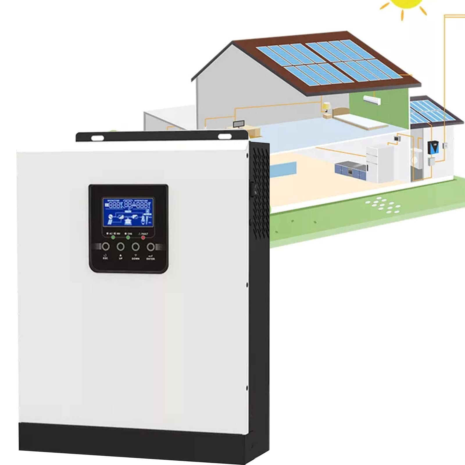 Onduleur Solaire,3000VA 2400W Invertisseur Solaire Hybride intégré 2 * 48V50A Contrôleur de Charge Solaire PWM avec Chargeur 80A AC