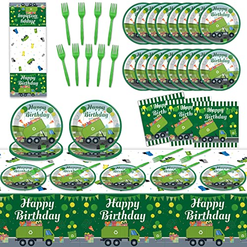 61 Pcs Garbage Truck Birthday Decorations Green Trash Party Tableware Rubbish Recycling Themed Supplies Plates Napkins Tablecloth for Birthday Parties Waste Management Celebrations Serves 20 Guests