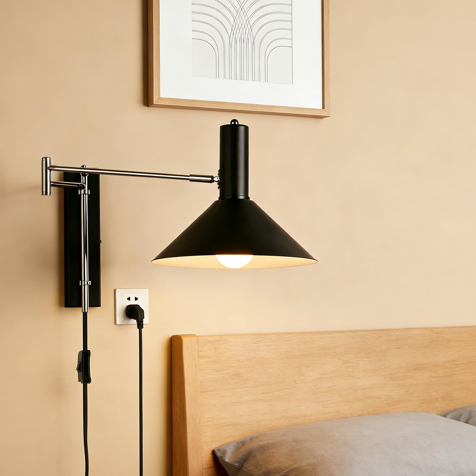 E27 Retro Wandleuchte Verstellbarer Schwenkarm Wandlampe mit Schalter und Kabel Vintage Industrie Innenbeleuchtung Langer Arm Wand Leselampe mit Einstellbarer für Schlafzimmer Büro,Schwarz