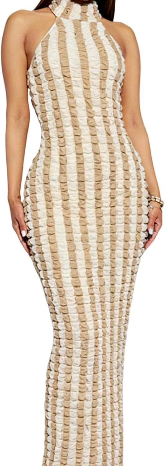 Womens Casual Sexy Halter Sleeveless Sundresses Bubble Textured Backless Prom Cocktail Maxi Dresses