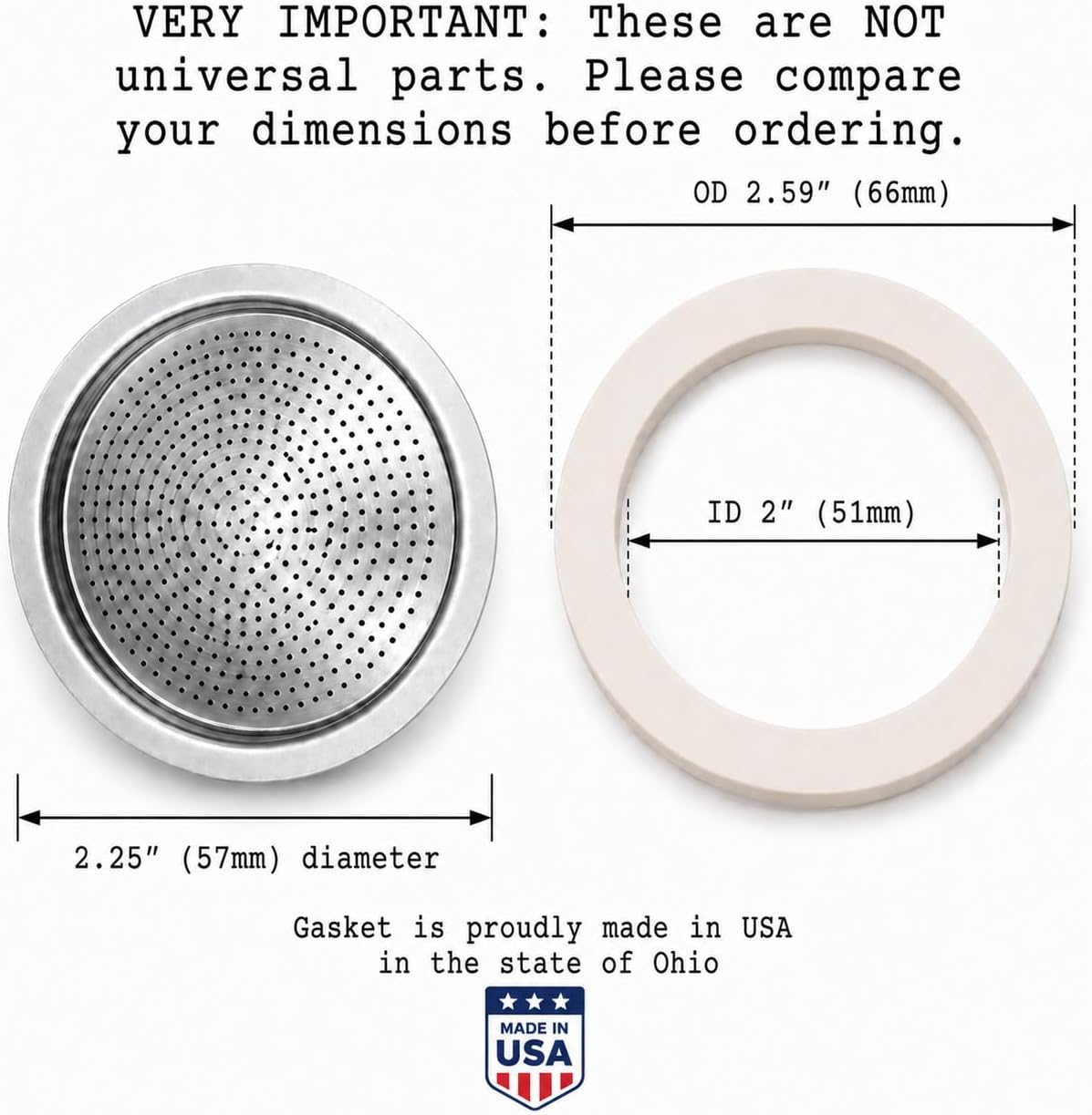 Univen 2.25" (57mm) Espresso Filter and Gasket Seals Compatible with Bialetti 3 Cup Aluminum Espresso Makers - Includes 1 Filter Plate and 3 Gasket Seals