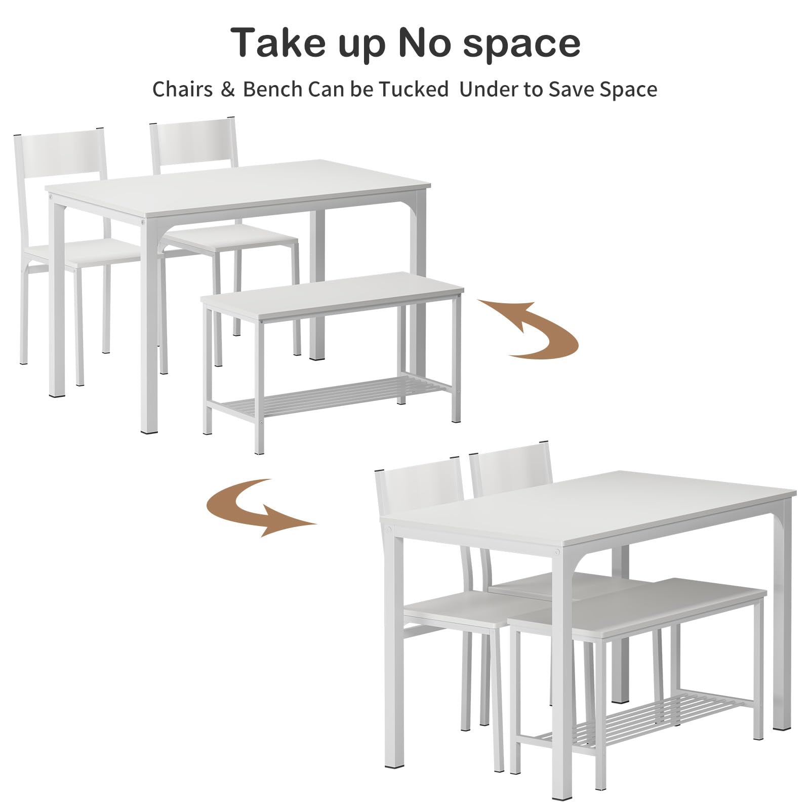 Ensemble Table de Salle à Manger avec 2 Chaises et 1 Banc Cadre en Acier Blanc pour 4 Personnes