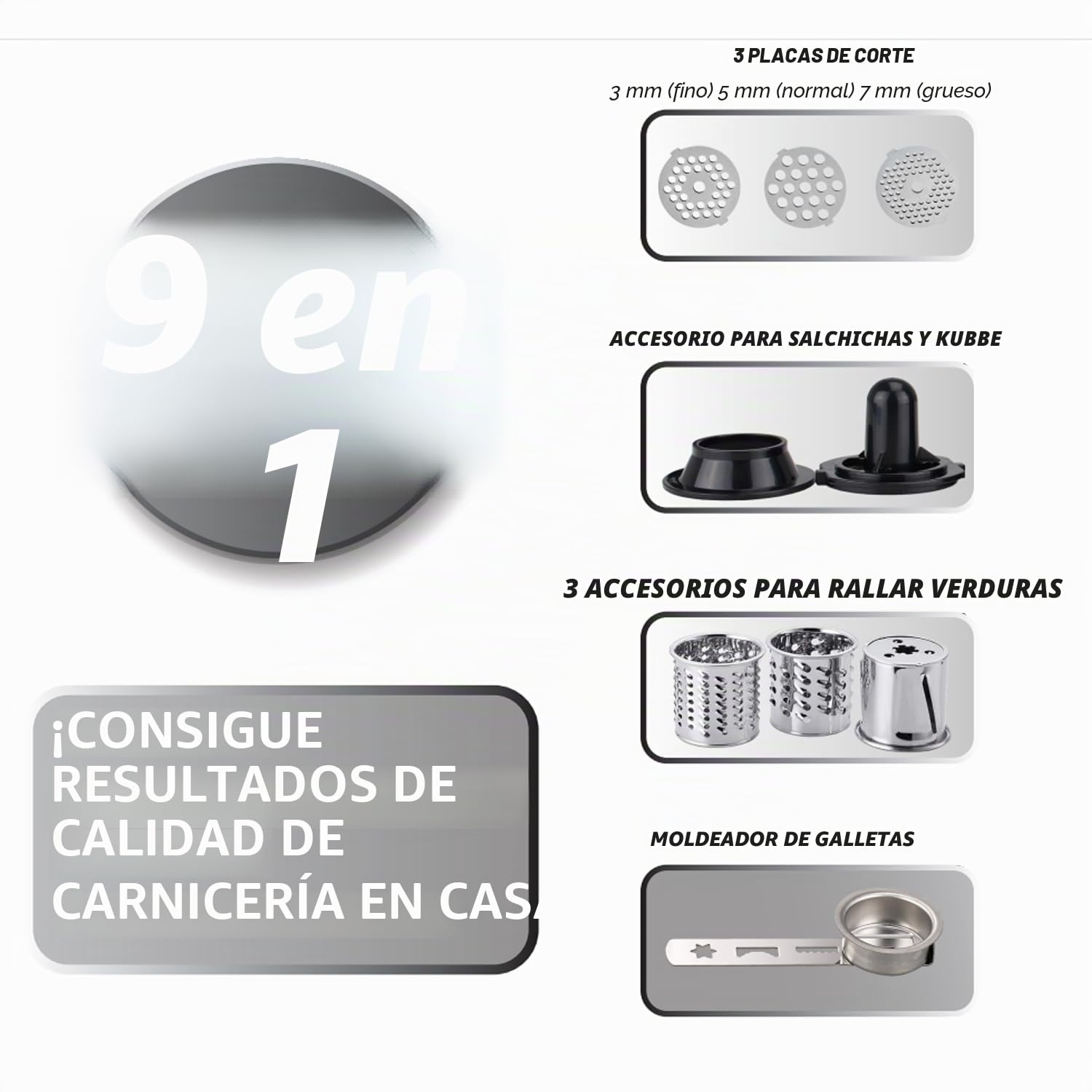 Zilan, Picadora de carne 9 en 1 | 2100W | 3 discos perforados | función reversible | accesorio para salchichas | accesorio para hornear | muchos accesorios | carne lobo | máquina eléctrica para