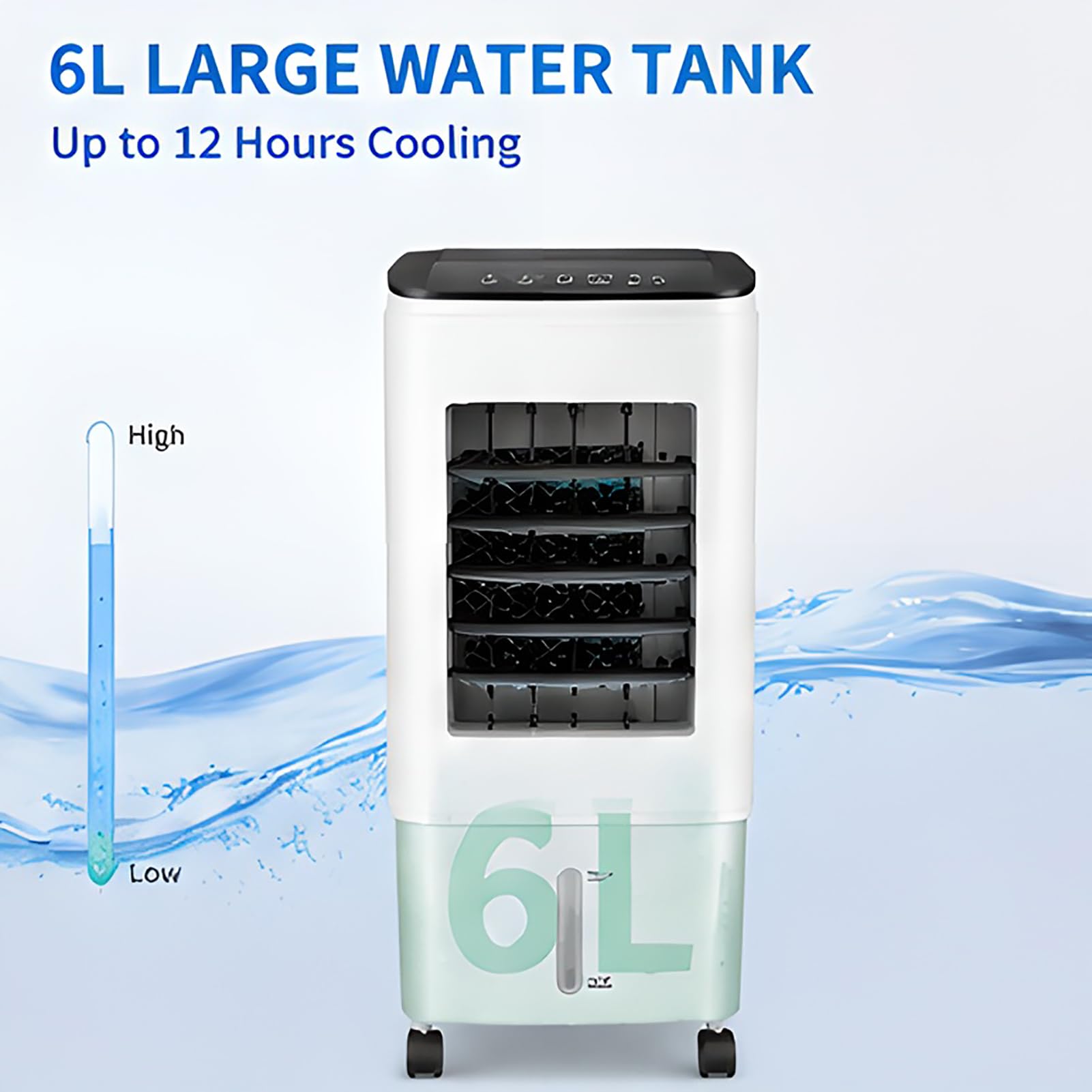 Przenośna chłodnica wyporna 6L Tank, nawilżacz powietrza 3 w 1 z pilotem i opakowaniami na lodzie.Cichy kompaktowy design do biura w sypialni.Łatwe poruszanie się na kółkach.Operacja Niskim Hałasem.