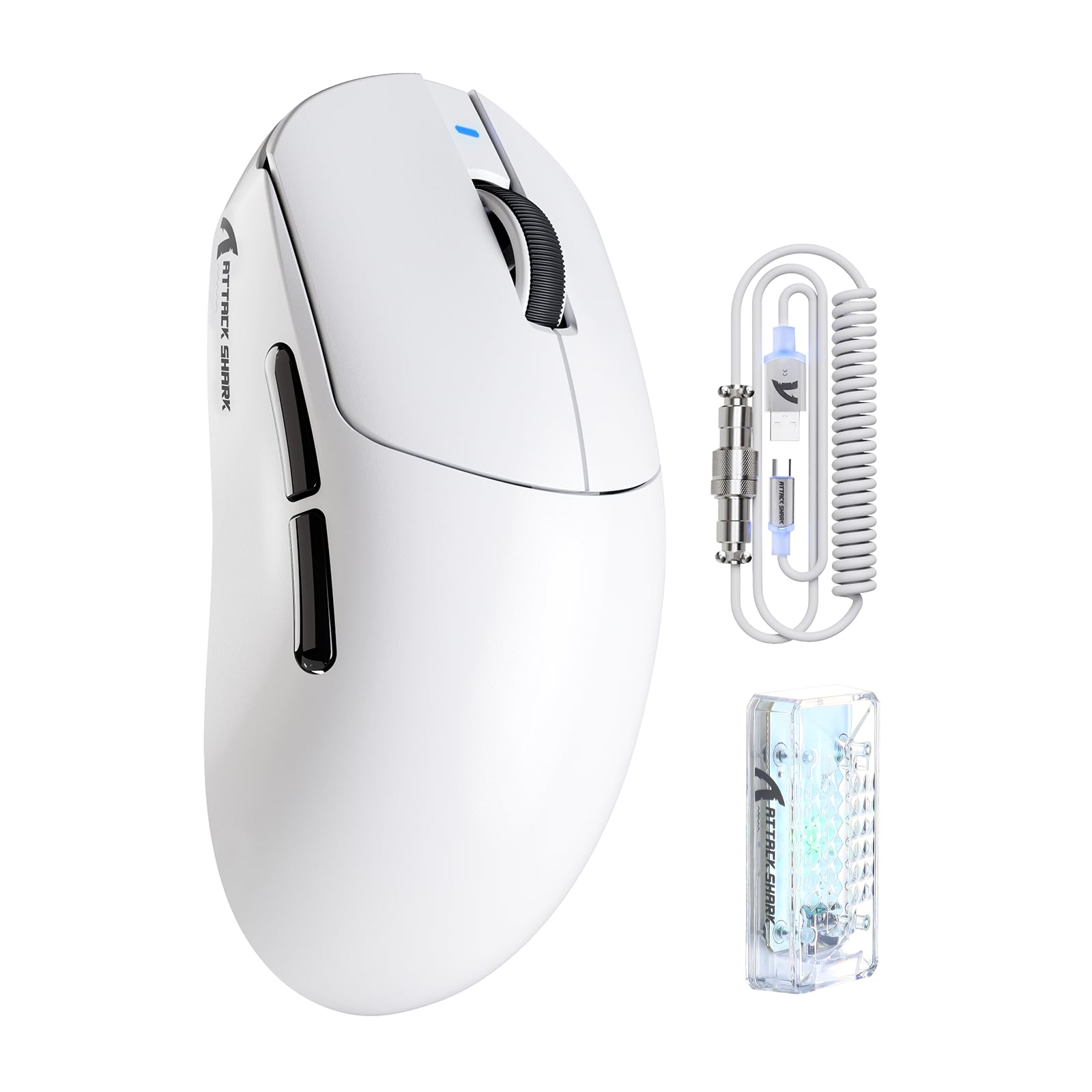 ATTACK SHARK X8PRO Mouse da gioco wireless ultraleggero 55g con cavo a spirale per mani medie/grandi, frequenza di polling 8K, 2.4G/cablato/BT, 500mAH, 40000DPI, sensore ottico PAW3395 - Bianco