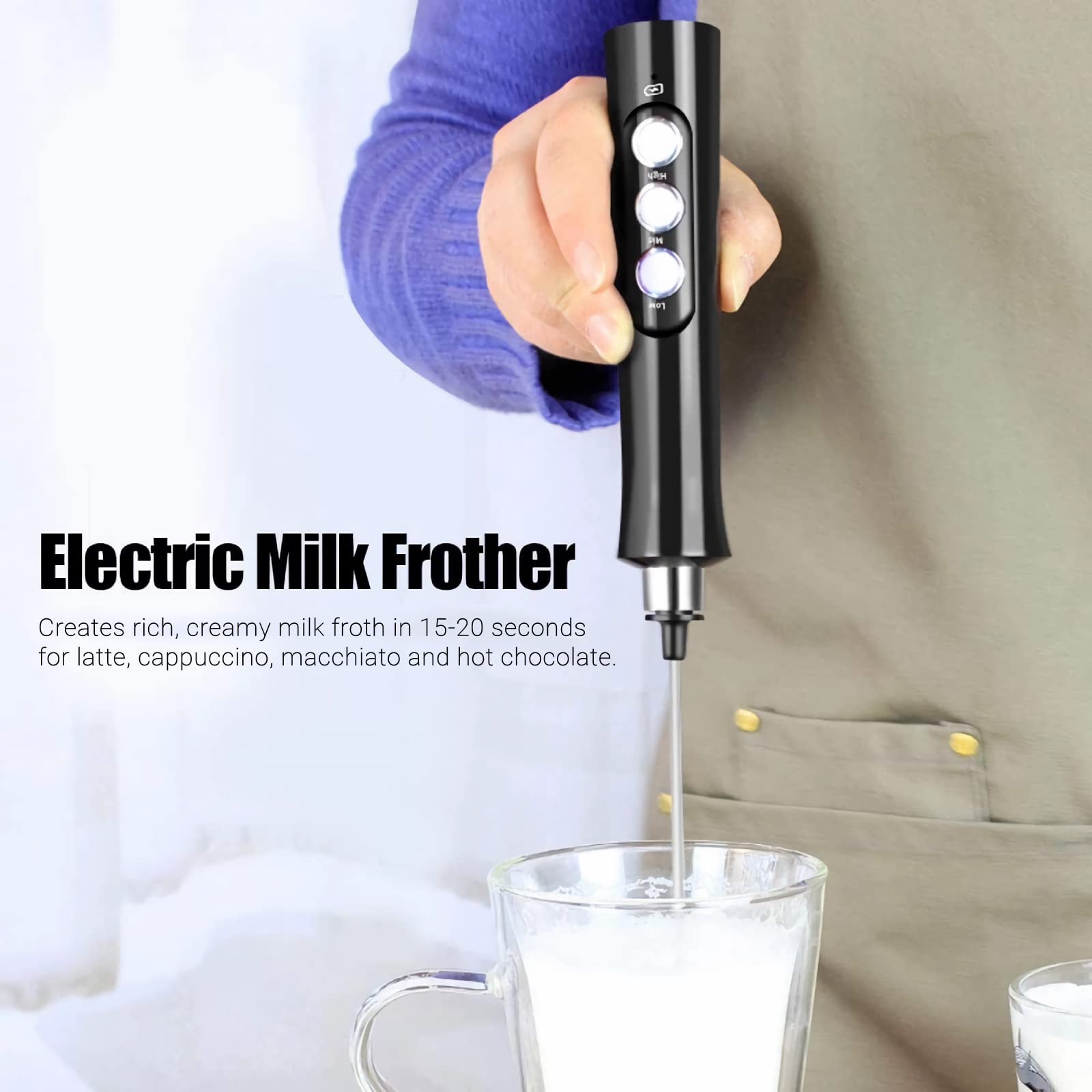 Montalatte Elettrico USB Ricaricabile, con 3 Velocità Regolabili & Frusta Inossidabile, Adatto per Cappuccino, Latte, Bulletproof Coffee, Uova, Proteine in Polvere, Matcha