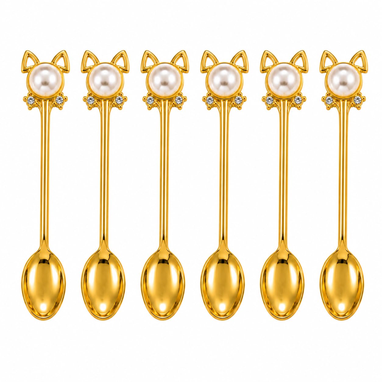 VSPARKEX Luxury Gold Pearl Cat Spoon Set of 6, Stainless Steel Coffee Spoon Set, Dessert Spoon, Tea Spoon, Ice Cream Spoon, Mirror Finish Cutlery, Premium Tableware Gift Set for Home, Cafe & Dining-image-24