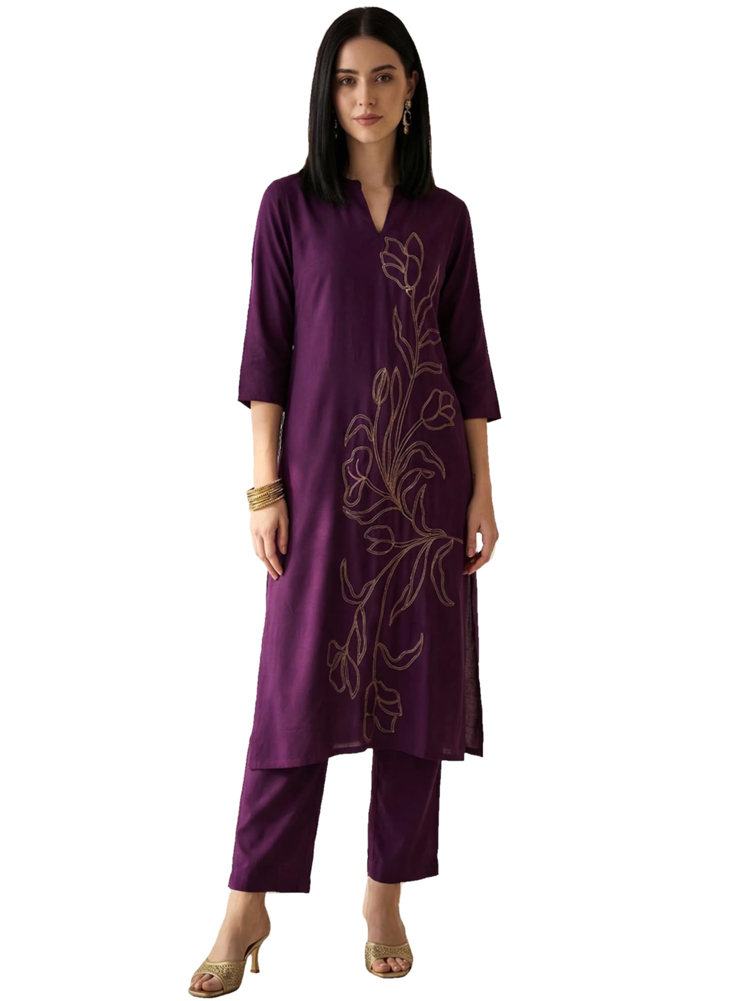 indo era Women's Viscose Rayon Floral Embroidered Straight Calf Length Kurta & Pant Set (IEAI12330)-picture-51