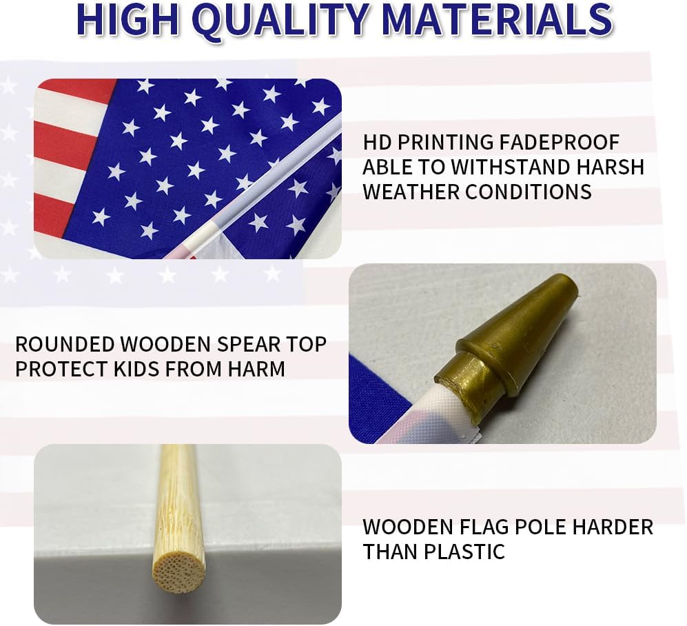 50Pcs 8 x 12 Inch Mini US HandHeld Stick Flags, Wooden Pole Golden Spear Tip Small American Flags, For Yard, Independence Day, Memorial Day, 4th of July Decorations