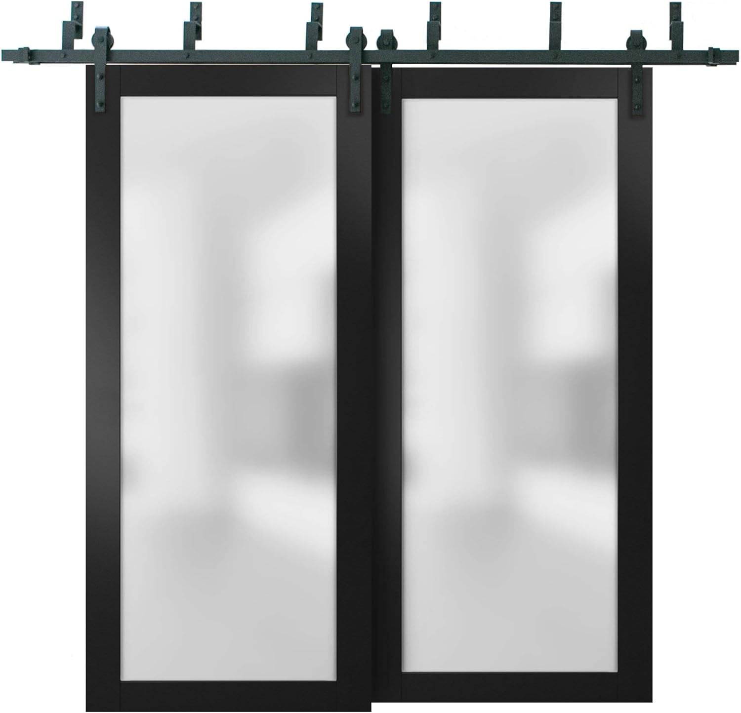 Super Cheap 🛒 Sliding Closet Frosted Glass Barn Bypass Doors 64 x 96 inches with Hardware | Planum 2102 Black Matte | Sturdy Top Mount 6.6ft Rails Hardware Set | Modern Wood Solid Bedroom Wardrobe Doors