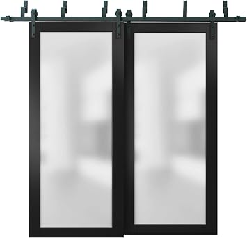 SARTODOORS Planum 2102 | Interior barn Bypass Sliding Doors with Frosted Glass, Solid Wood, 36x80, Black, Modern Style | Hardware Included