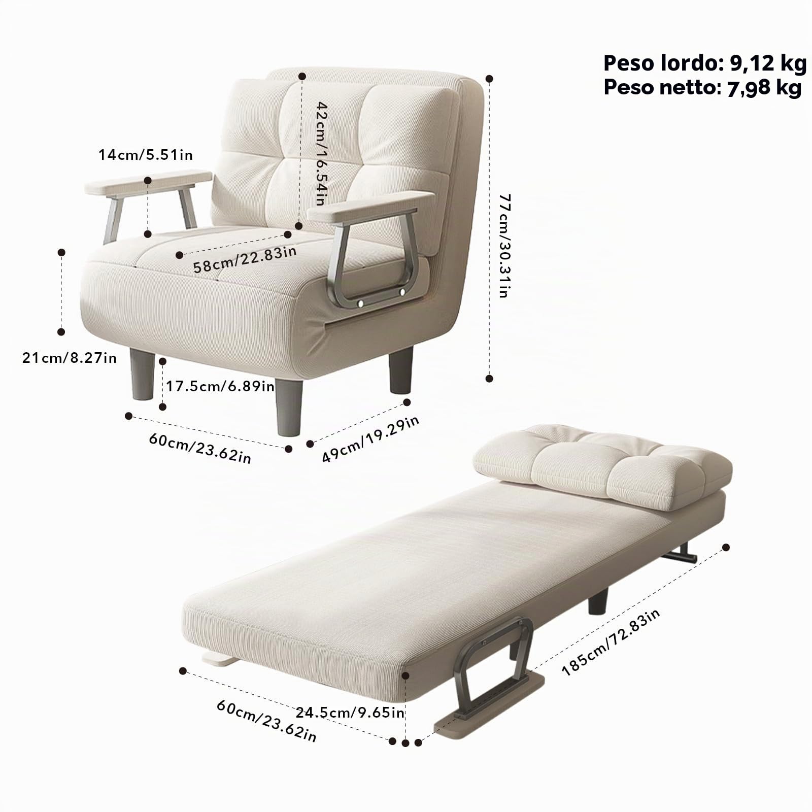 Fabulcozy Poltrona letto 3 in 1 con funzione letto, schienale regolabile a 5 angoli, divano singolo con braccioli, divano pieghevole futon, letto per gli ospiti per soggiorno, camera da letto