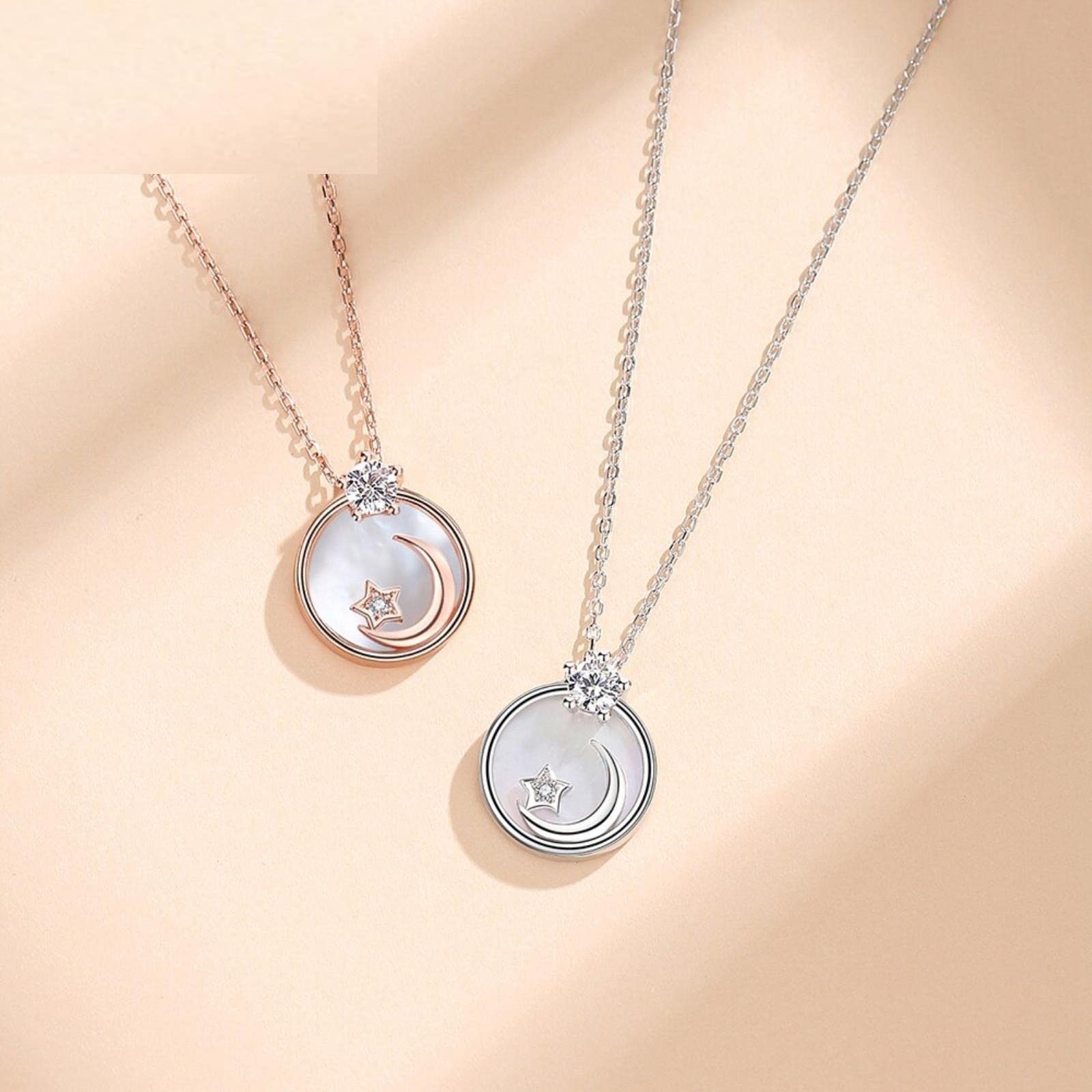 Conchiglia Naturale Luna E Stella con Collana Cz Lucida per Donna Collana con Ciondolo in Argento 925 Gioielli