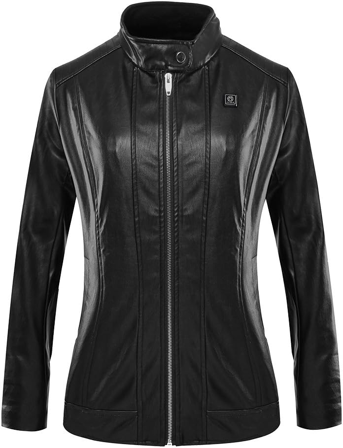 Regular Fit Women Heated Jacket PU Leather Jacket Kits with Battery (Black, S)