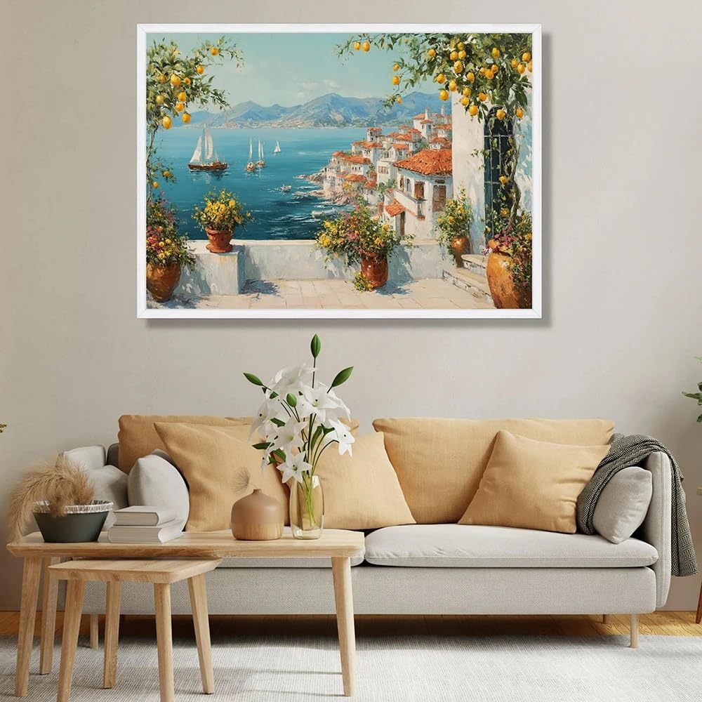 GOSRD Canvas Prints Poster Mediterranean Coastal Village, Lemon Tree Terrace Wall Art Seaside Landscape Painting Sailboat Decor(60x80cm/Frameless)