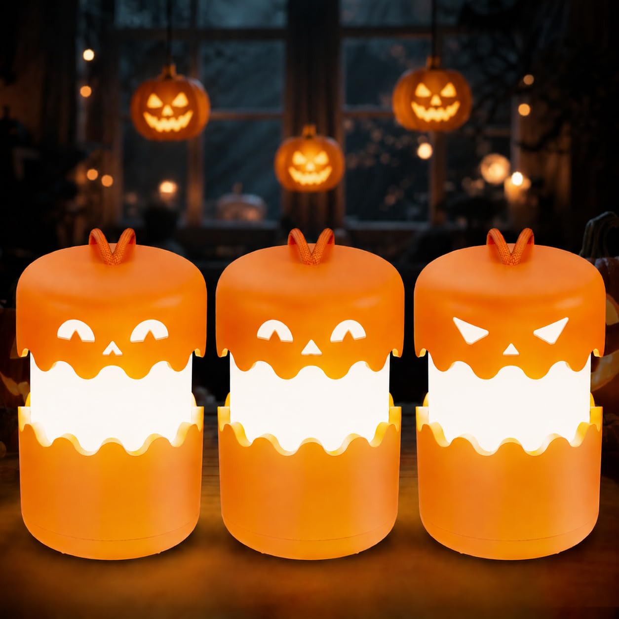 Rechargeable Halloween Pumpkin Lantern Light Collapsible Jack O Lantern | Battery Operated Pumpkin Lantern with Lanyard - Halloween Party Favor Decoration Outdoor Light up Pumpkin for Halloween Party