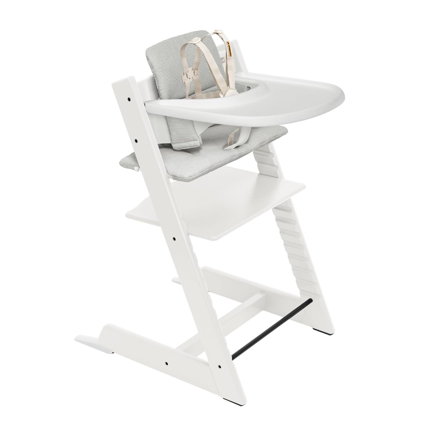 Stokke Tripp Trapp High Chair 2 (White), Cushion 2 (Nordic Grey) + Stokke Tray (White) – Includes Chair + Baby Set with Removable Harness for Children 6-36 Months
