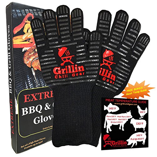 BBQ Grilling Gloves by Grill n Chill - 932Â°F Extreme Heat Resistant Grill Gloves for Cooking, Oven, Barbecue - Longest (15 inches) for Best Fire Protection