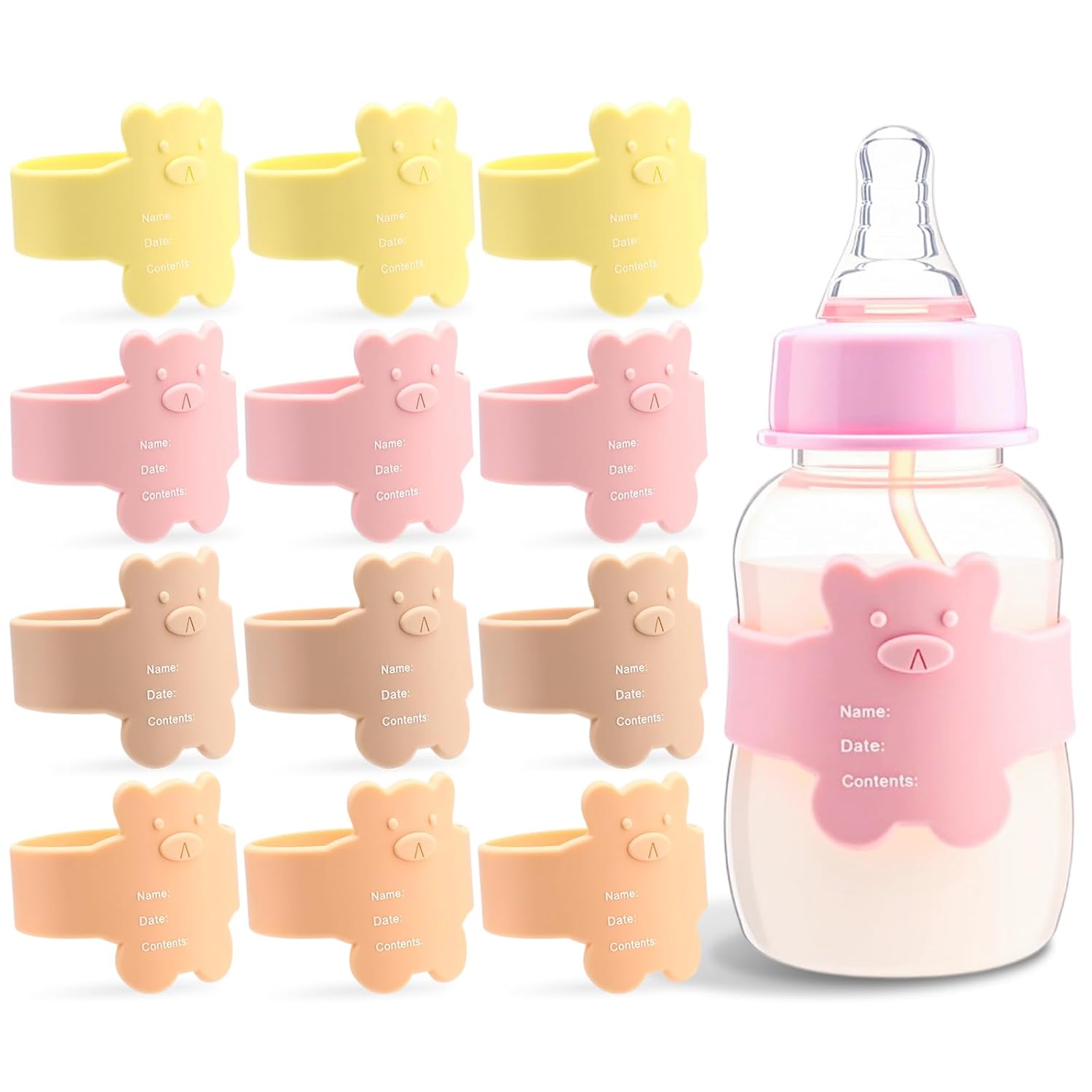 LemonRoad 12 Pcs Bottle Labels Daycare Reusable, Bear Pattern Waterproof Silicone Baby Bottle Labels Sippy Cup Bands Baby Name Tags Daycare (Vivid Color)