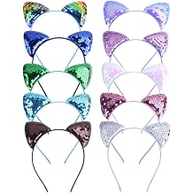 REQO 10 Pack Glitter Cat Ear Headbands,Sparkly Sequin Headwear Bands for Festivals & Cosplay Costume Accessories