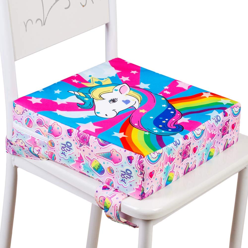 2PCS Toddler Booster Seat for Dining Table, Chair Increasing Cushion for Baby Kids, Washable Thick Chair Seat Pad Mat Strap, Portable Dismountable Adjustable Highchair Booster - Unicorn