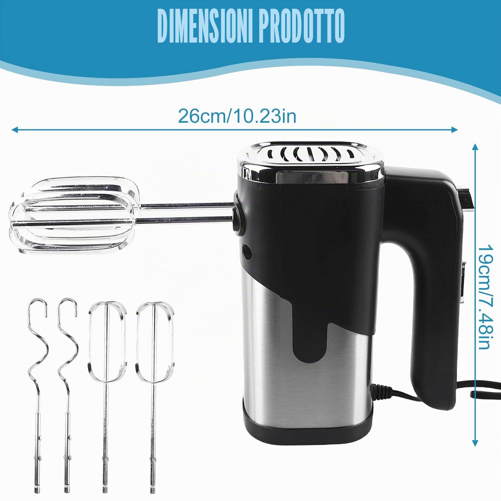 Frullatore a mano: mixer manuale da 800 W, 5 velocità, sbattitore elettrico con 4 accessori in acciaio inox, mixer a mano, impastatore in acciaio inox, mixer manuale, mixer da cucina (nero)