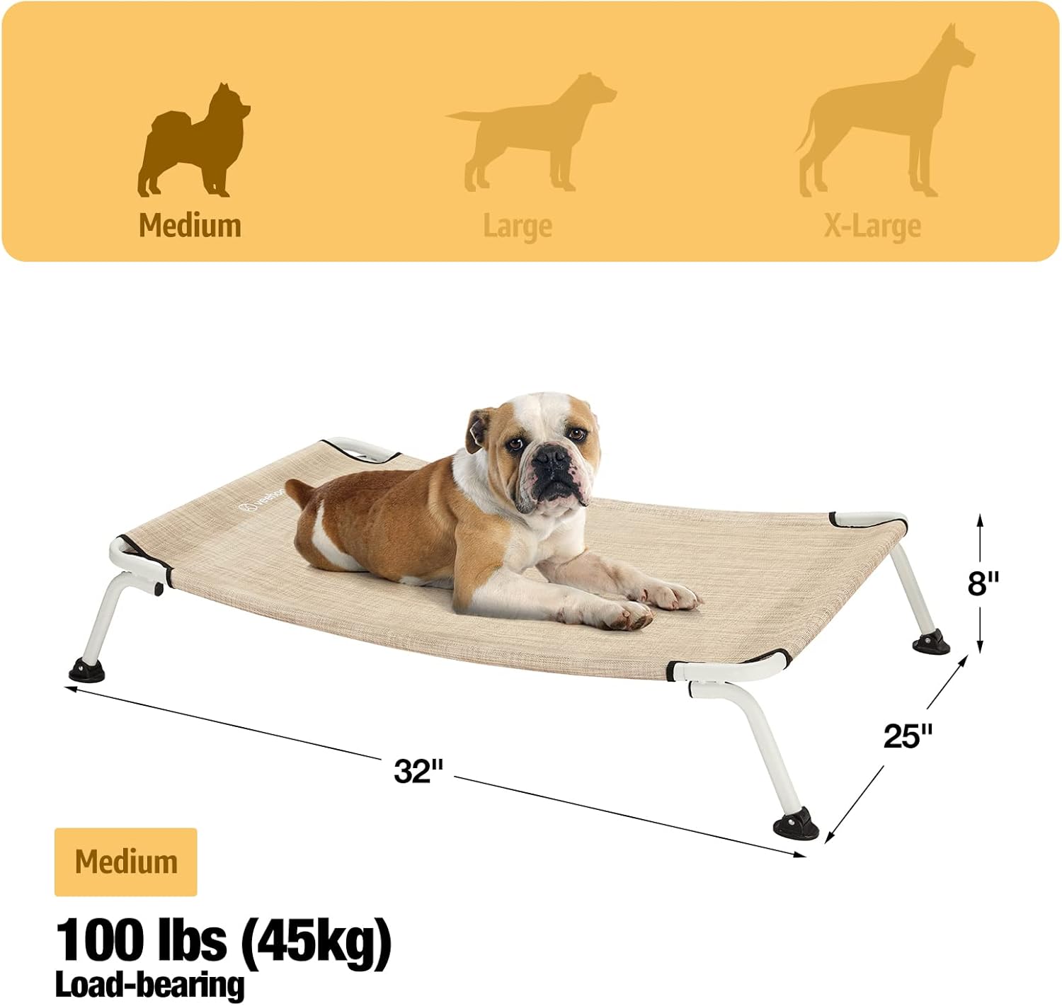 Diagram showing the dimensions of the medium-sized Veehoo Elevated Dog Bed (32L x 25W x 8Th) and its 100 lbs load-bearing capacity.
