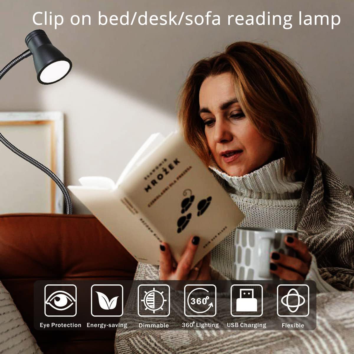 Clip on Reading Light for Bed, Black, 15" Neck | 3W 5V USB, 3 Colors Changeable, Dimmable, Adjustable, Portable