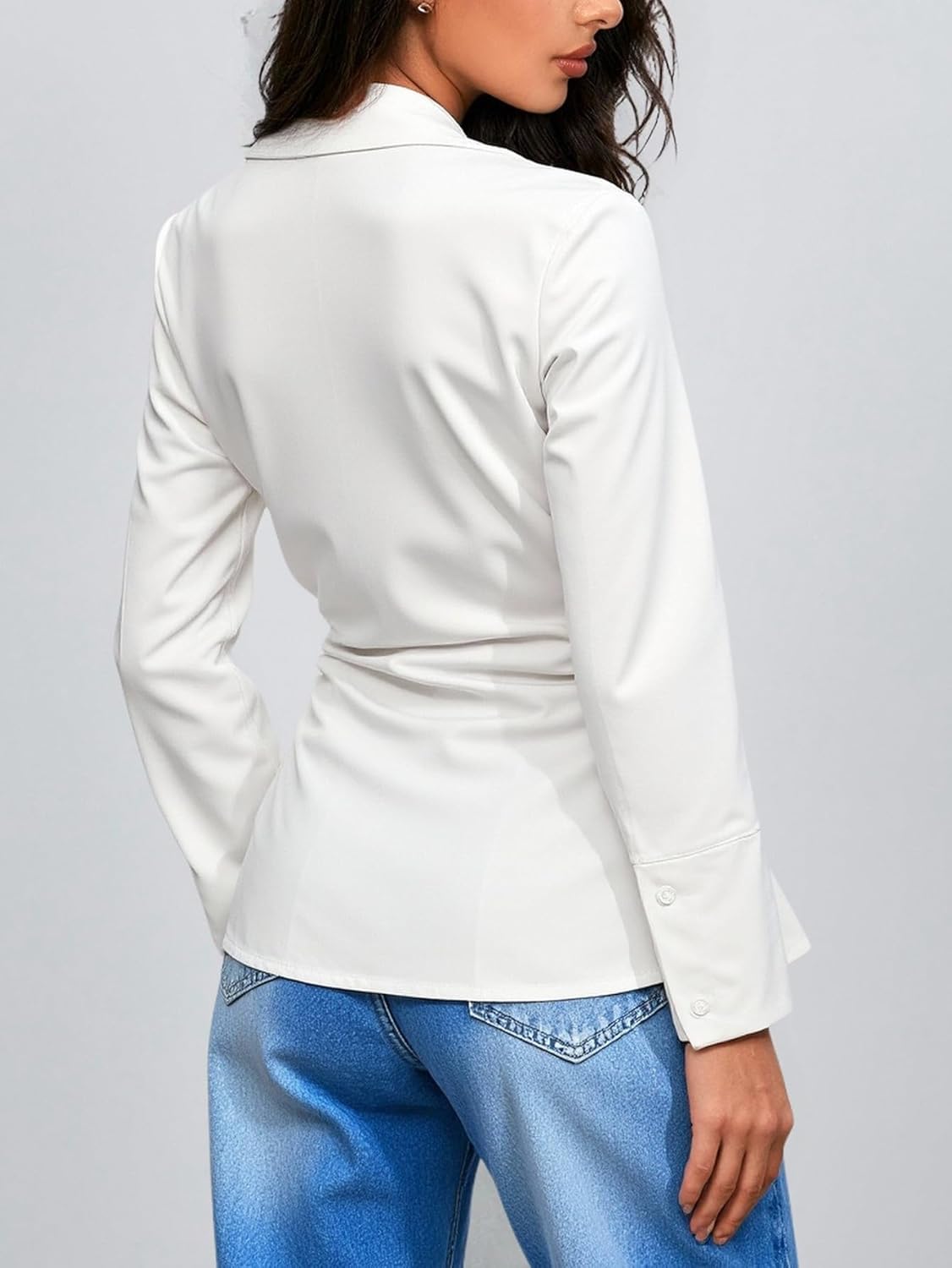 Women's Ruched Button Down Shirts Long Sleeve Collared Dressy Casual Blouses Work Office Tops - Image 2